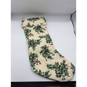 April Cornell Mistletoe Holly Christmas Stocking NWT‎ Cotton Beige Green Quilted